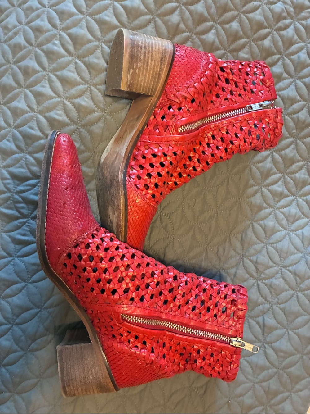 Free People Red Woven Leather Ankle Booties with Side Zip